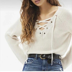 BNDI Revolve 100% Cotton Sweater Sz L Laced Up V- neck White Long Sleeve Ribbed